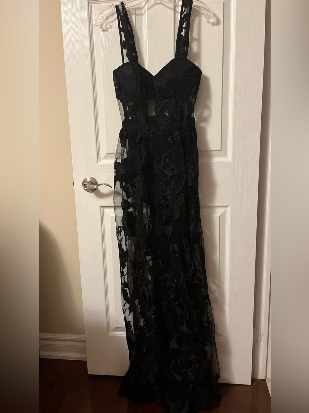 Fashion Nova Black Floral Lace Maxi Dress with Sheer Overlay